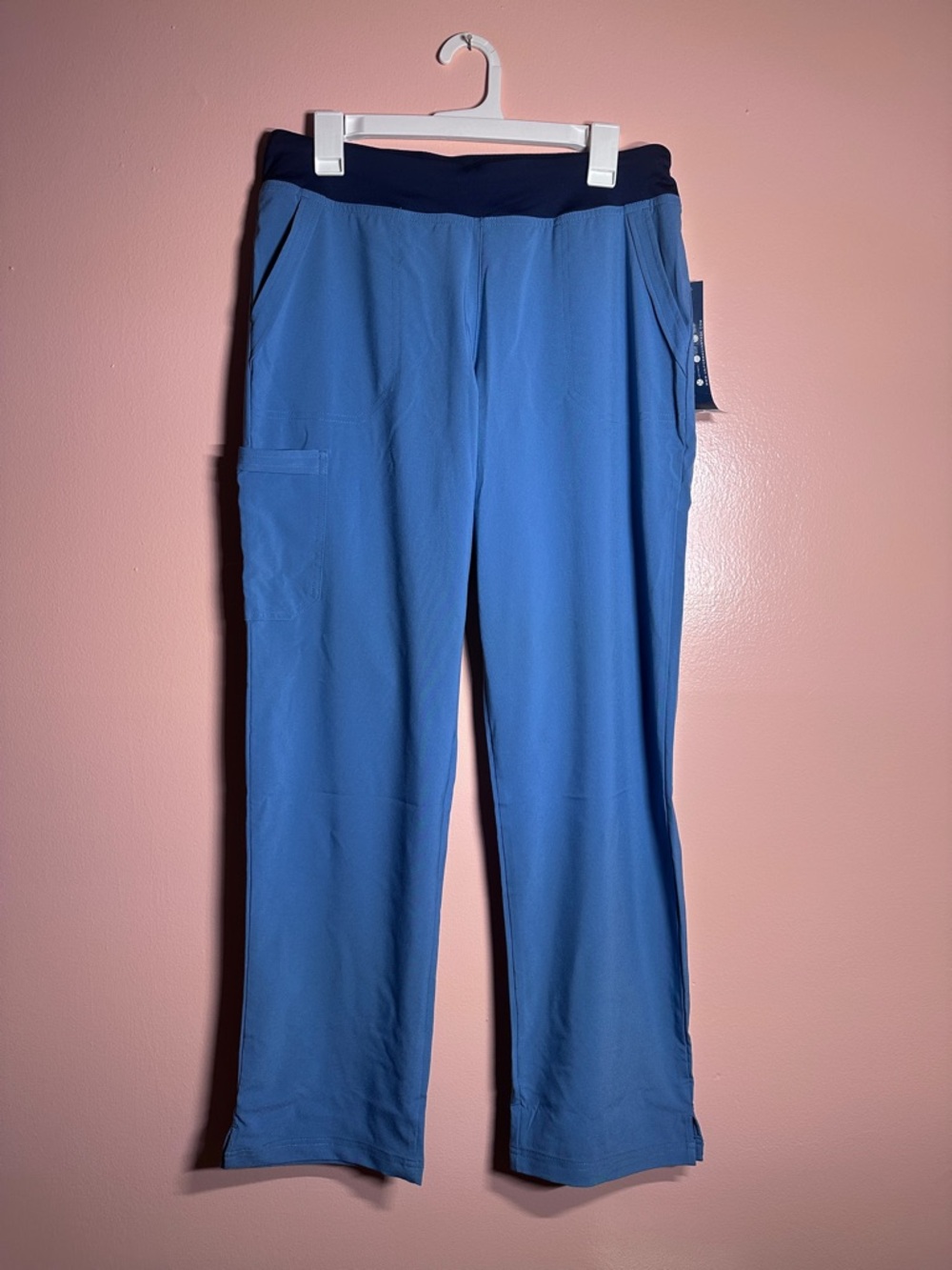 NWT Easy Stretch Women’s Light Blue Scrub Pants with Navy Waistband